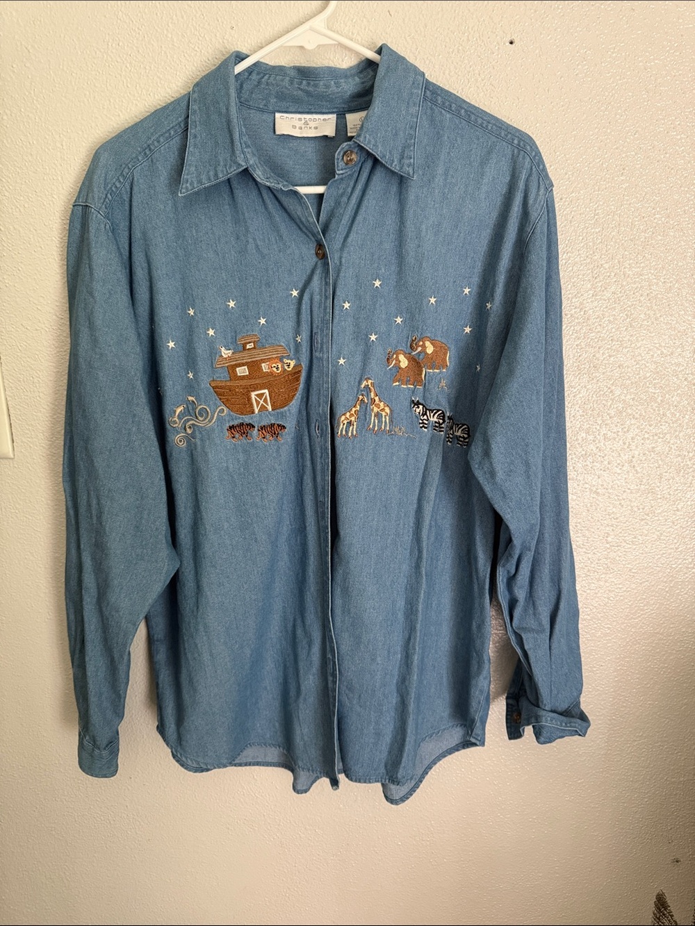 Vintage Christopher & Banks Light Blue Denim Embroidered Noah's Ark Shirt